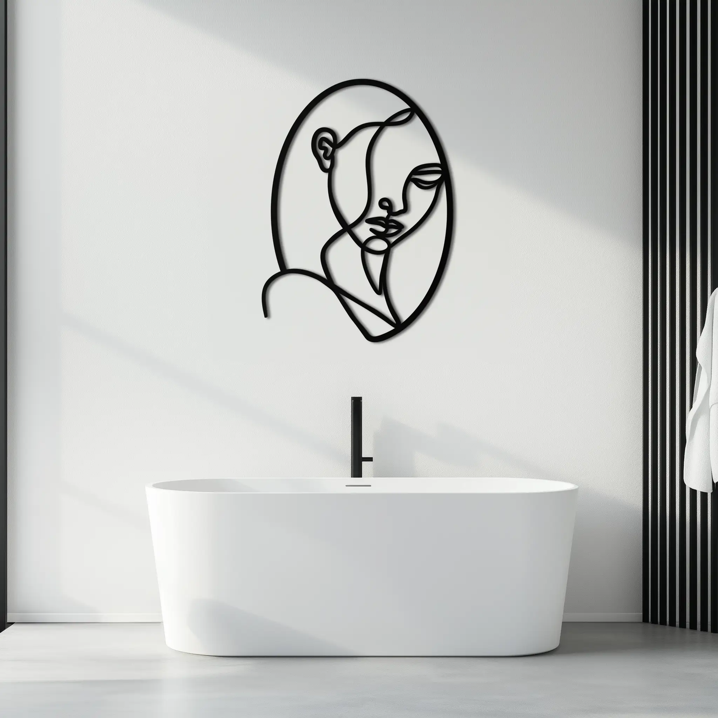 Abstract Woman Face Line Art – Minimalist Metal Wall Decor in Oval Frame- KAF635 by Enova Art