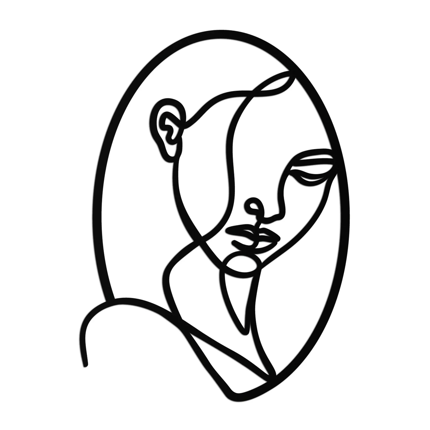 Abstract Woman Face Line Art – Minimalist Metal Wall Decor in Oval Frame- KAF635 by Enova Art