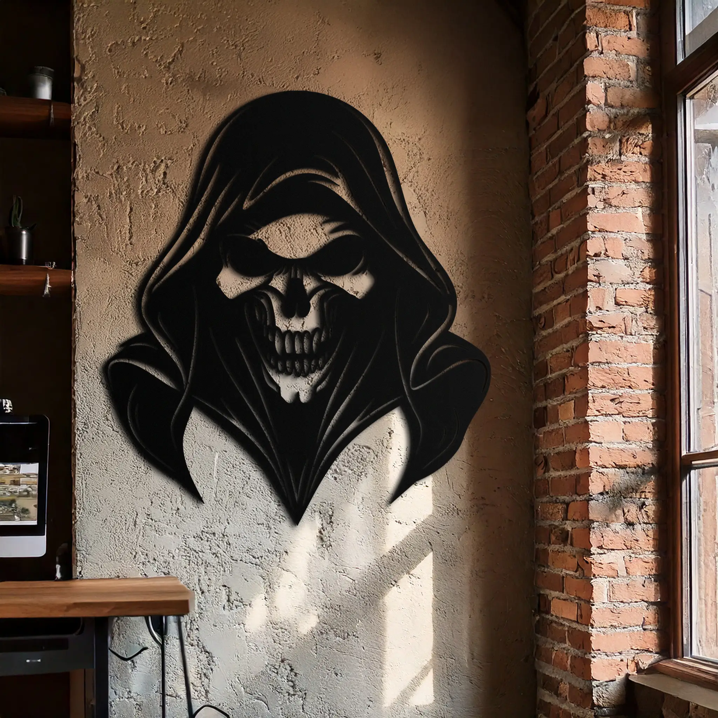 Grim Reaper Hooded Skull Metal Wall Art – Dark Gothic Horror Silhouette Design- KAF637 by Enova Art