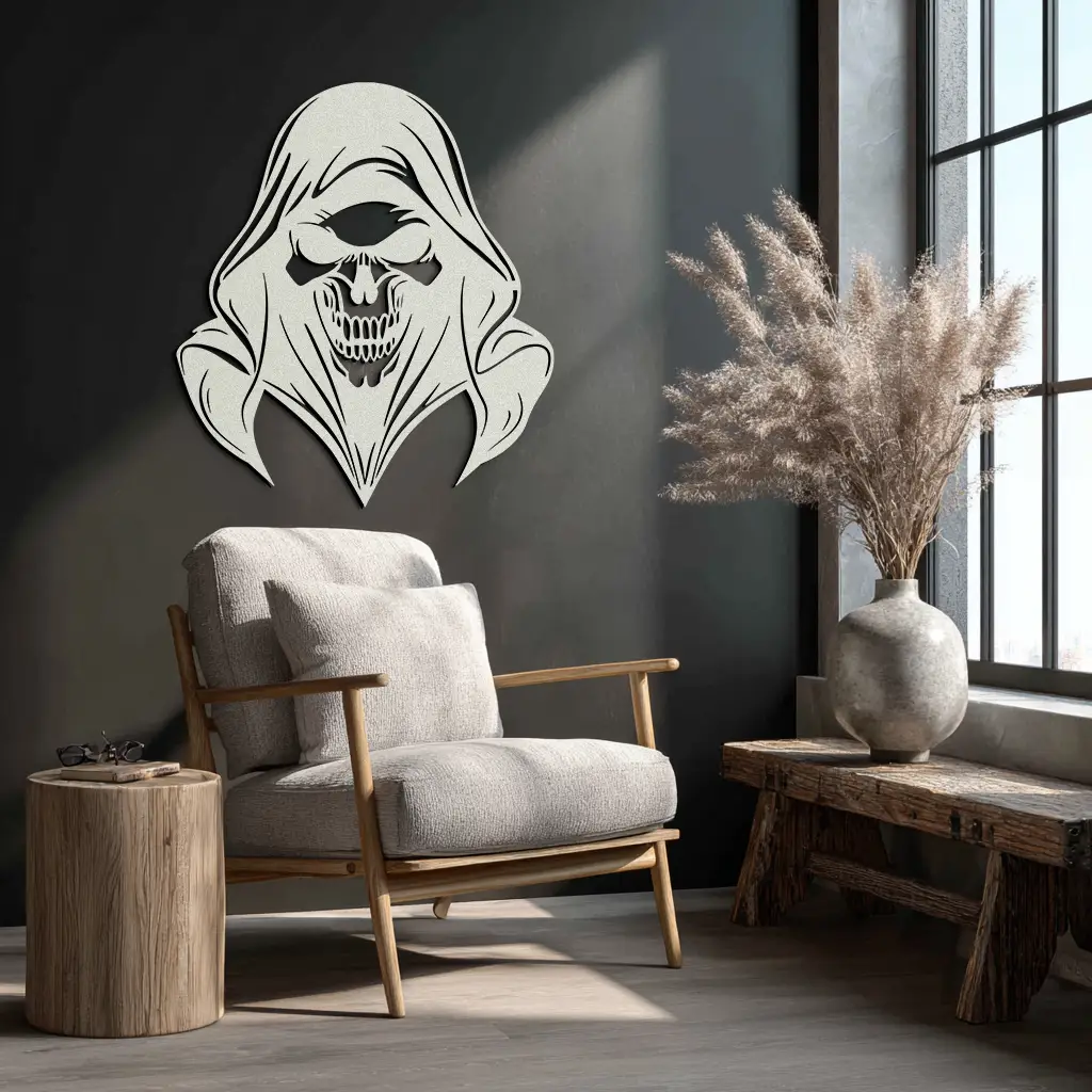 Grim Reaper Hooded Skull Metal Wall Art – Dark Gothic Horror Silhouette Design- KAF637 by Enova Art