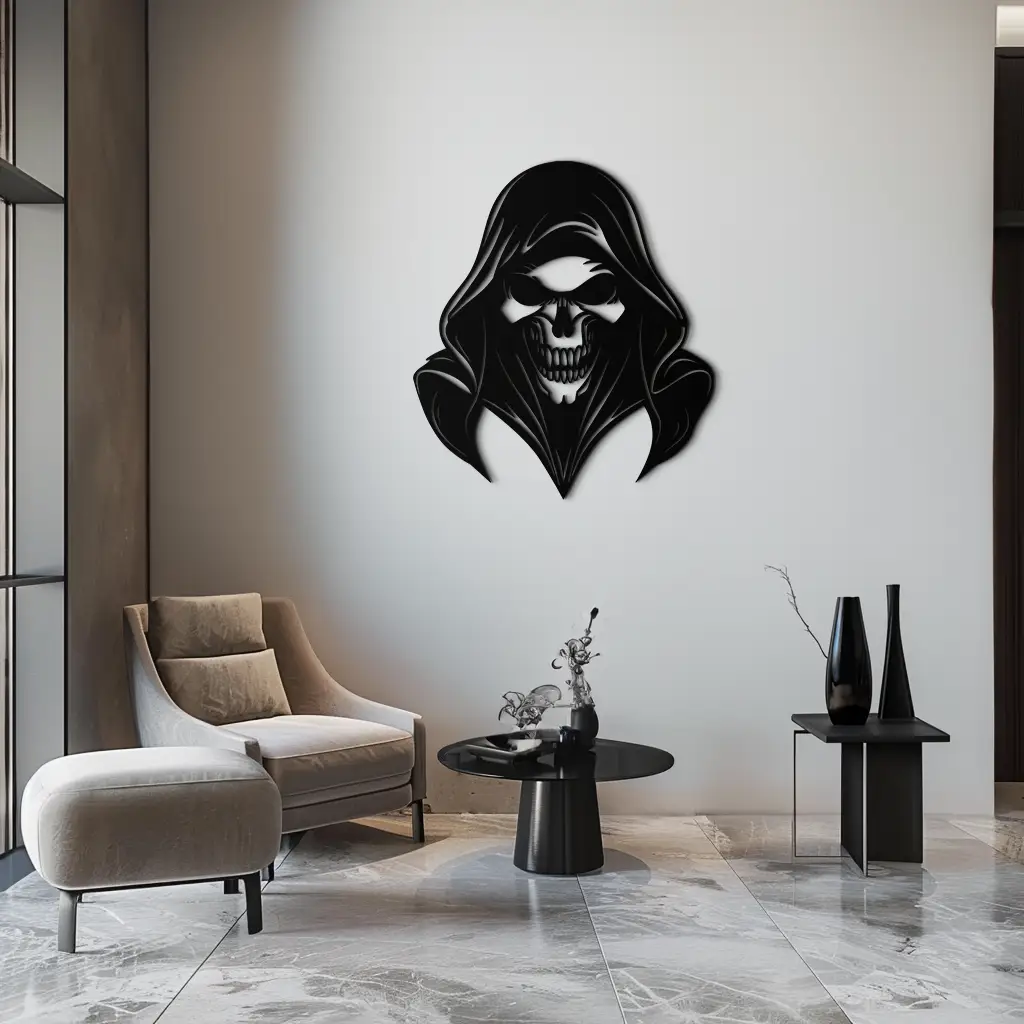 Grim Reaper Hooded Skull Metal Wall Art – Dark Gothic Horror Silhouette Design- KAF637 by Enova Art