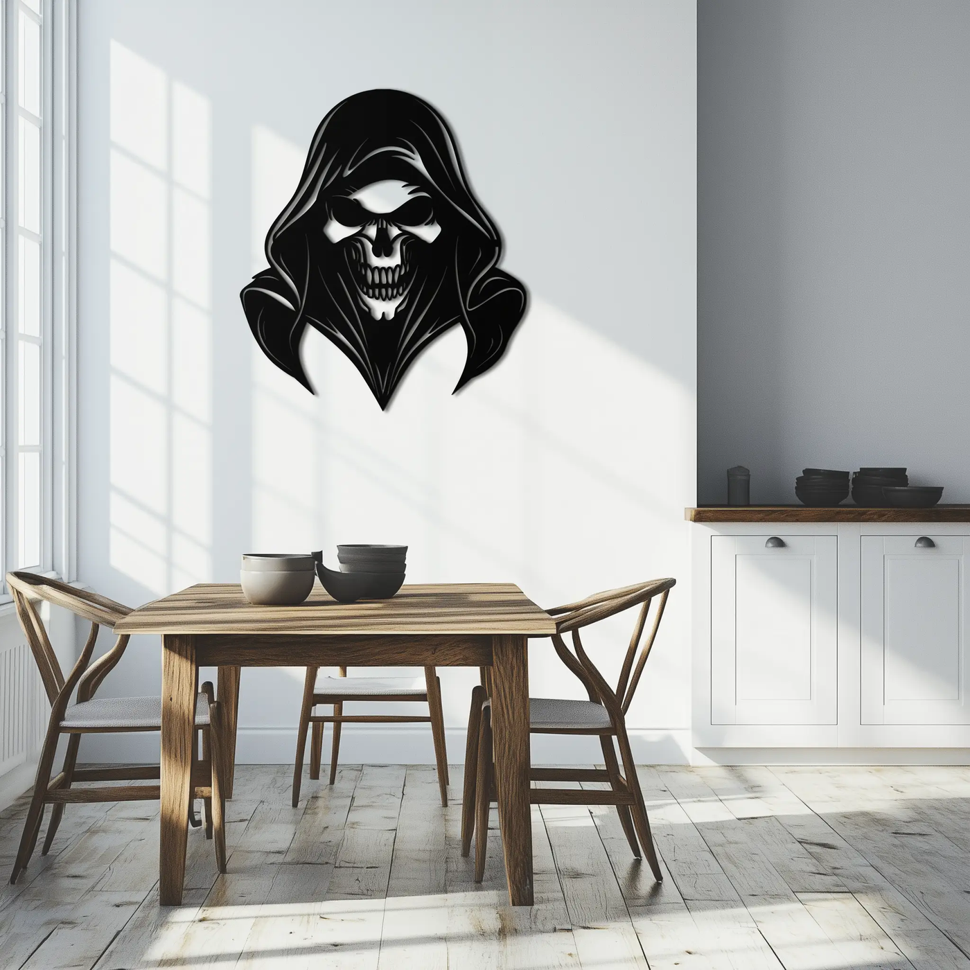 Grim Reaper Hooded Skull Metal Wall Art – Dark Gothic Horror Silhouette Design- KAF637 by Enova Art