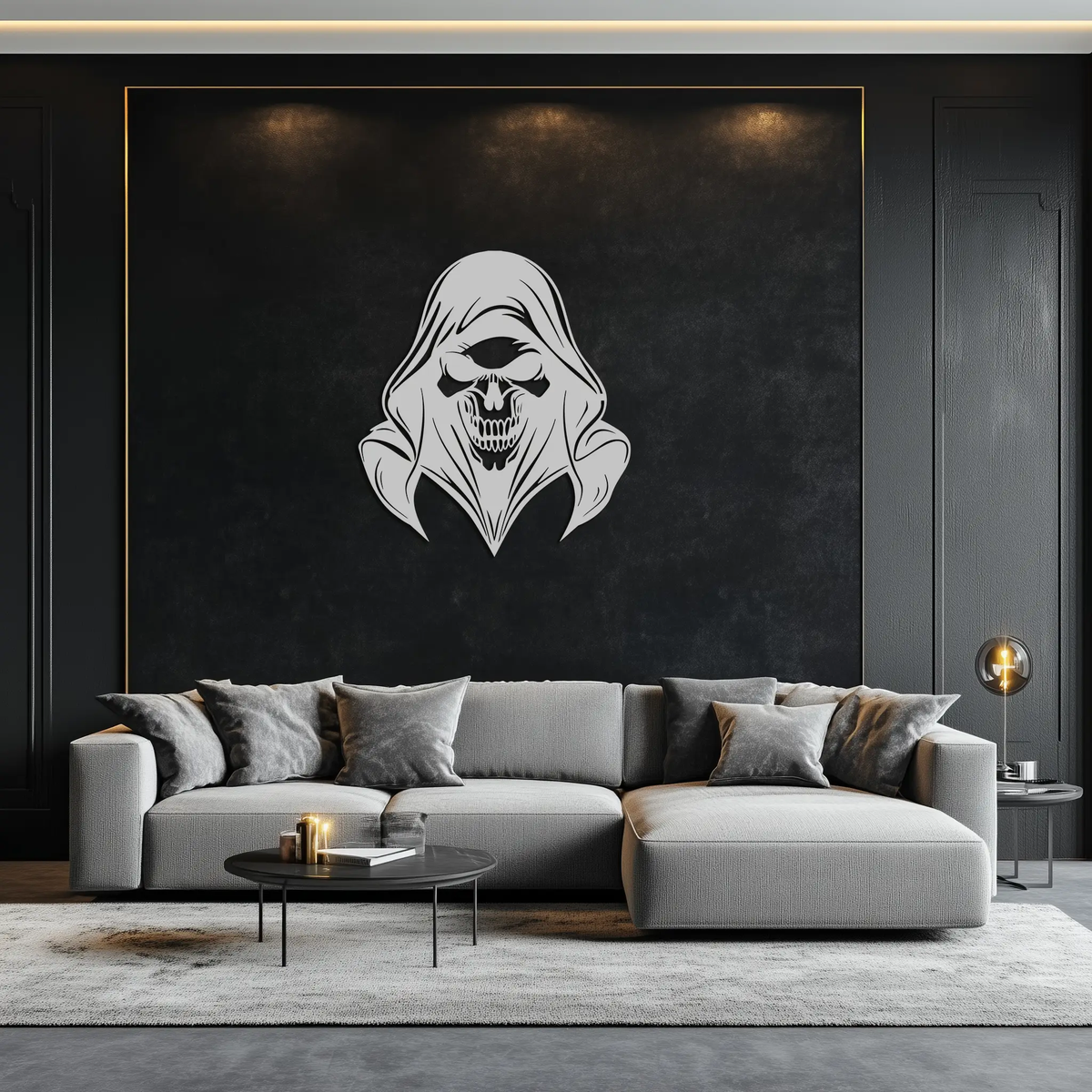 Grim Reaper Hooded Skull Metal Wall Art – Dark Gothic Horror Silhouette Design- KAF637 by Enova Art