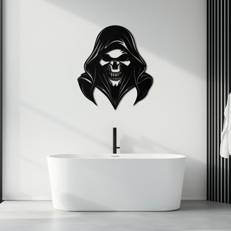 Grim Reaper Hooded Skull Metal Wall Art – Dark Gothic Horror Silhouette Design- KAF637 by Enova Art