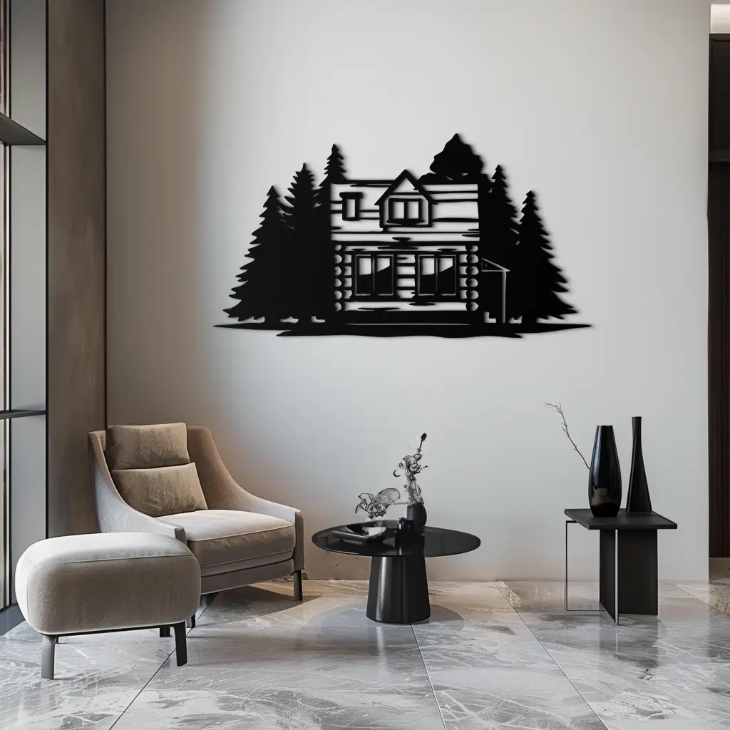 Mountain Log Cabin Metal Wall Art – Nature Inspired Outdoor Wall Decor for Home & Lodge- KAF640 by Enova Art