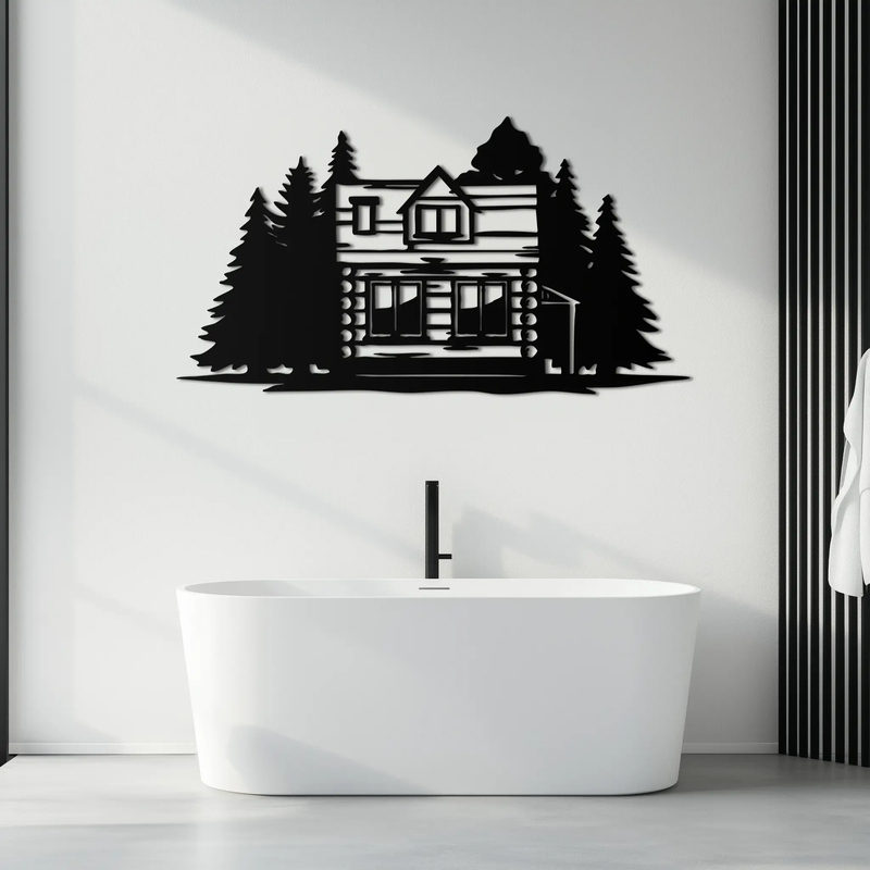 Mountain Log Cabin Metal Wall Art – Nature Inspired Outdoor Wall Decor for Home & Lodge- KAF640 by Enova Art