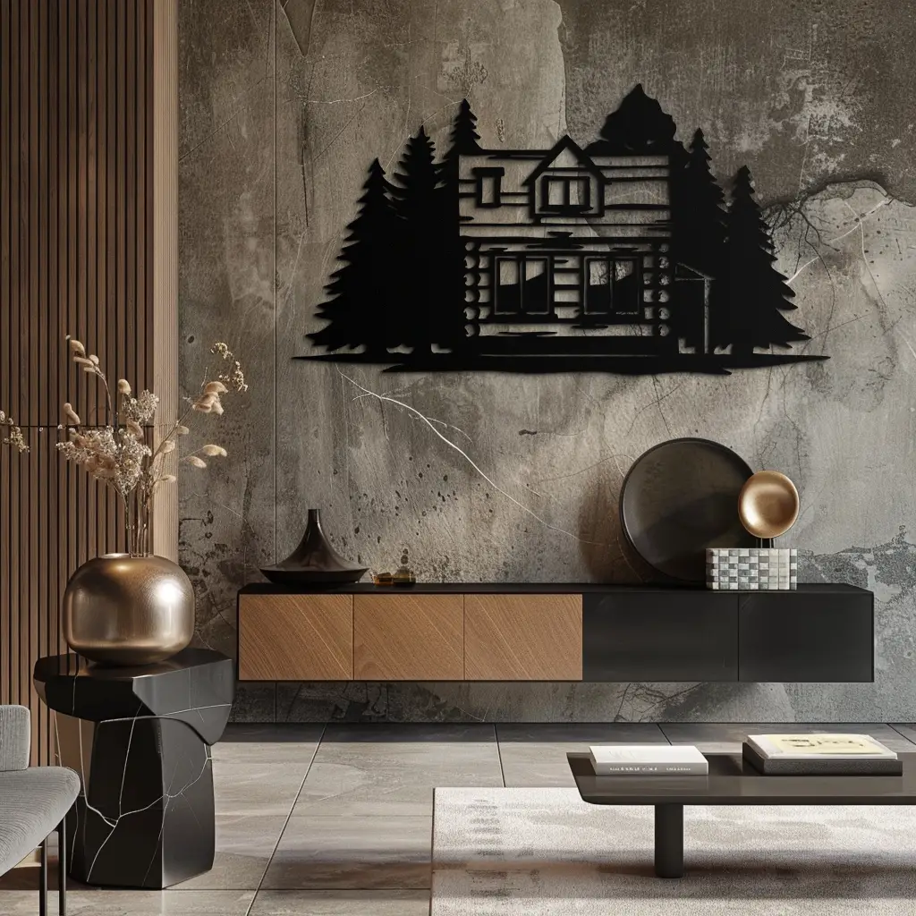Mountain Log Cabin Metal Wall Art – Nature Inspired Outdoor Wall Decor for Home & Lodge- KAF640 by Enova Art