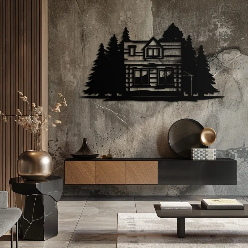 Mountain Log Cabin Metal Wall Art – Nature Inspired Outdoor Wall Decor for Home & Lodge- KAF640 by Enova Art
