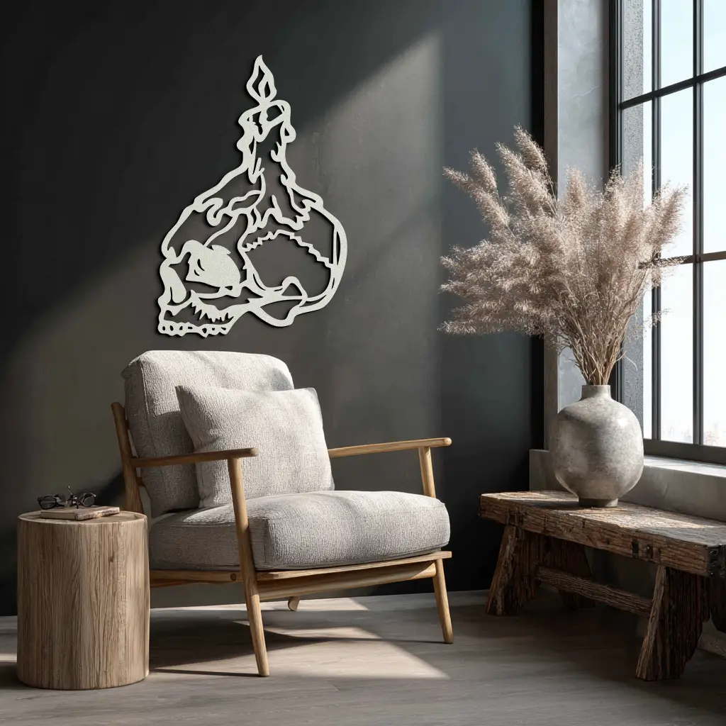 Candle on Skull Gothic Style Metal Wall Art – Dark Themed Home Decor - KAF643 by Enova Art