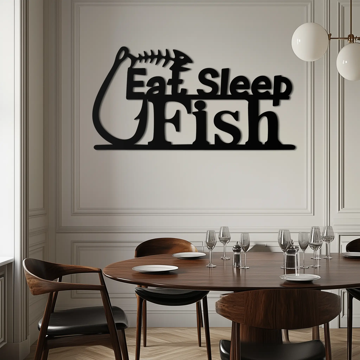 "Eat, Sleep, Fish" Metal Wall Art – Fishing Enthusiast Design with Hook and Phrase- KAF670 by Enova Art