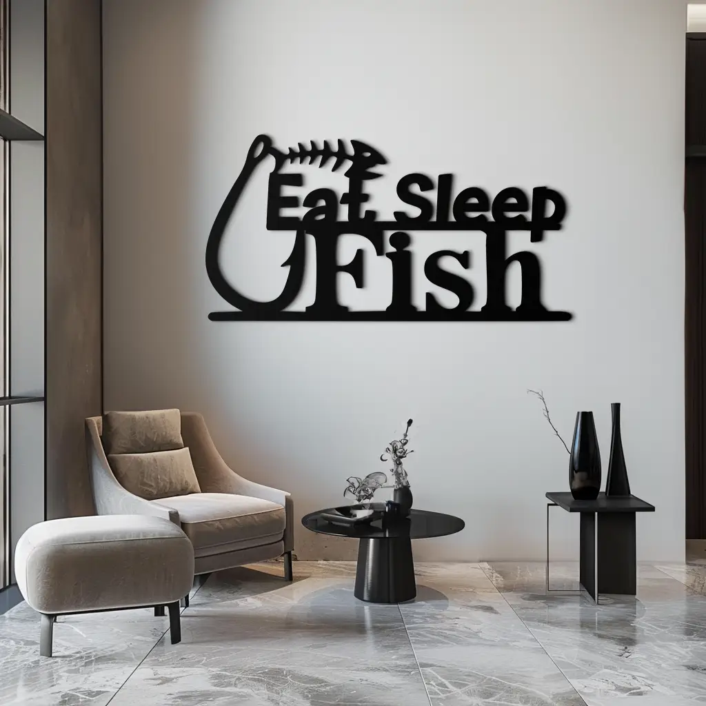 "Eat, Sleep, Fish" Metal Wall Art – Fishing Enthusiast Design with Hook and Phrase- KAF670 by Enova Art