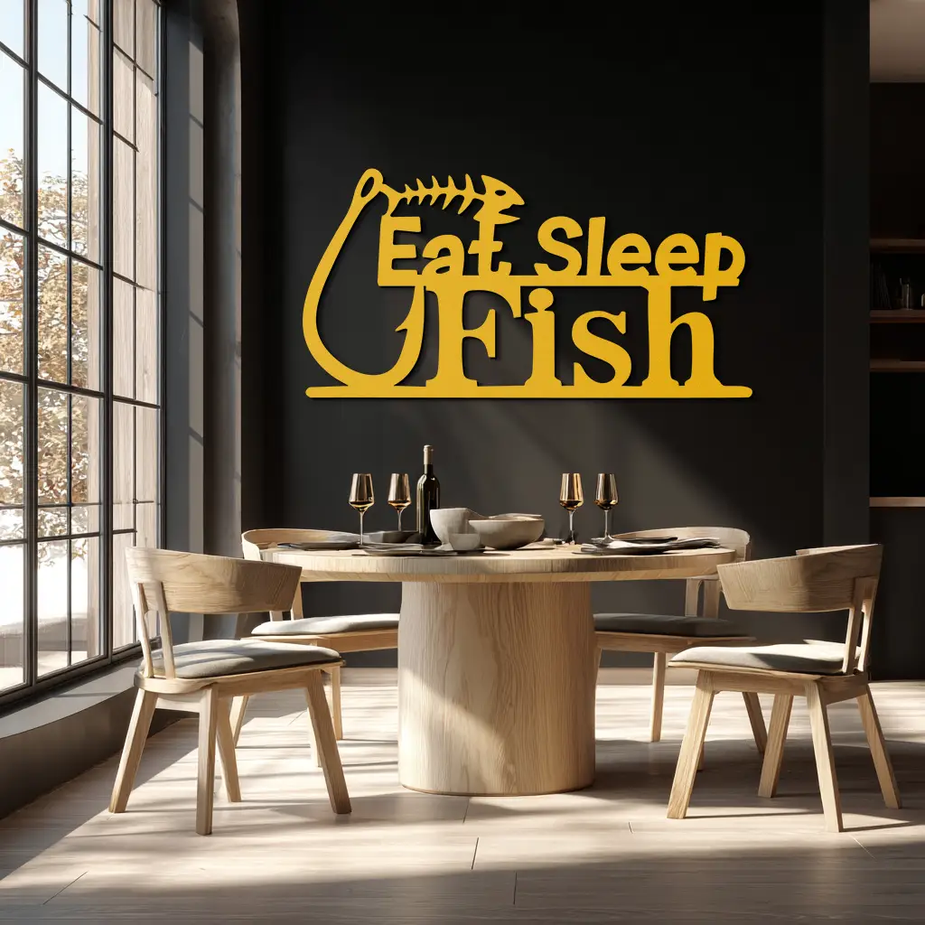 "Eat, Sleep, Fish" Metal Wall Art – Fishing Enthusiast Design with Hook and Phrase- KAF670 by Enova Art