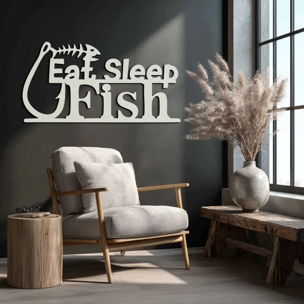 "Eat, Sleep, Fish" Metal Wall Art – Fishing Enthusiast Design with Hook and Phrase- KAF670 by Enova Art