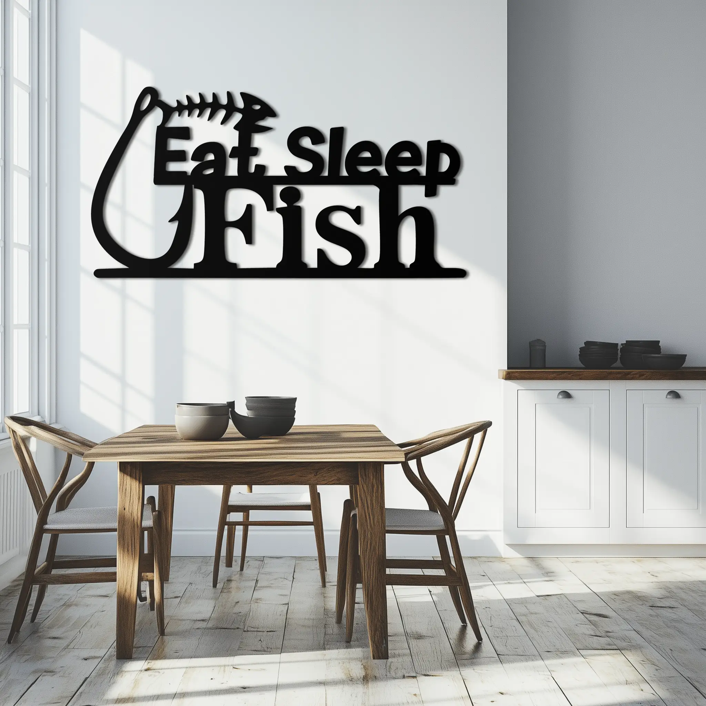 "Eat, Sleep, Fish" Metal Wall Art – Fishing Enthusiast Design with Hook and Phrase- KAF670 by Enova Art