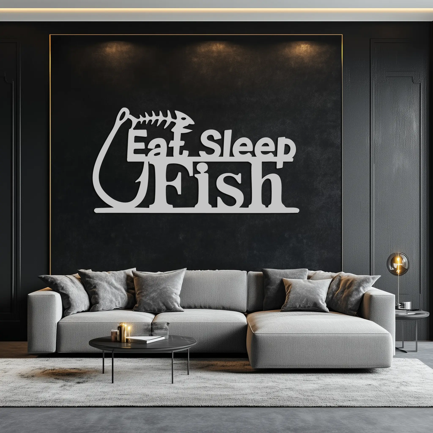 "Eat, Sleep, Fish" Metal Wall Art – Fishing Enthusiast Design with Hook and Phrase- KAF670 by Enova Art