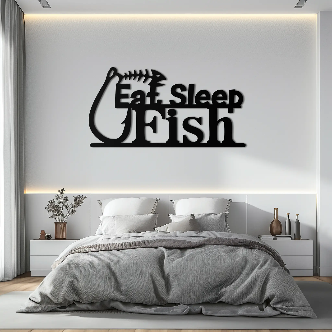 "Eat, Sleep, Fish" Metal Wall Art – Fishing Enthusiast Design with Hook and Phrase- KAF670 by Enova Art