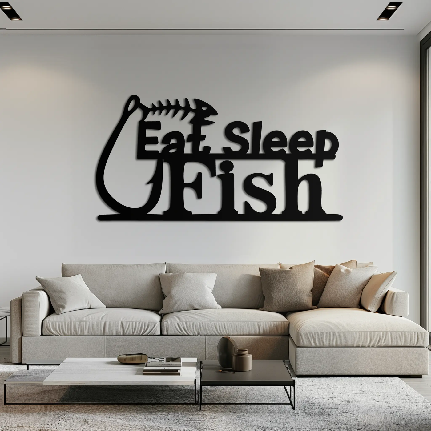 "Eat, Sleep, Fish" Metal Wall Art – Fishing Enthusiast Design with Hook and Phrase- KAF670 by Enova Art