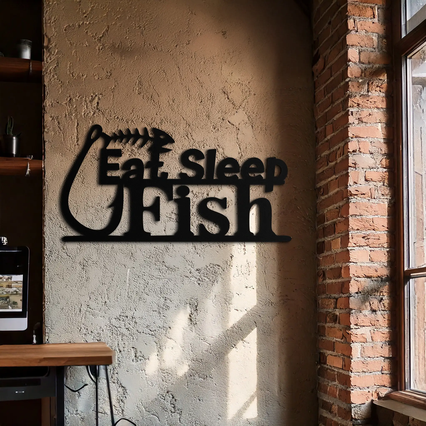 "Eat, Sleep, Fish" Metal Wall Art – Fishing Enthusiast Design with Hook and Phrase- KAF670 by Enova Art