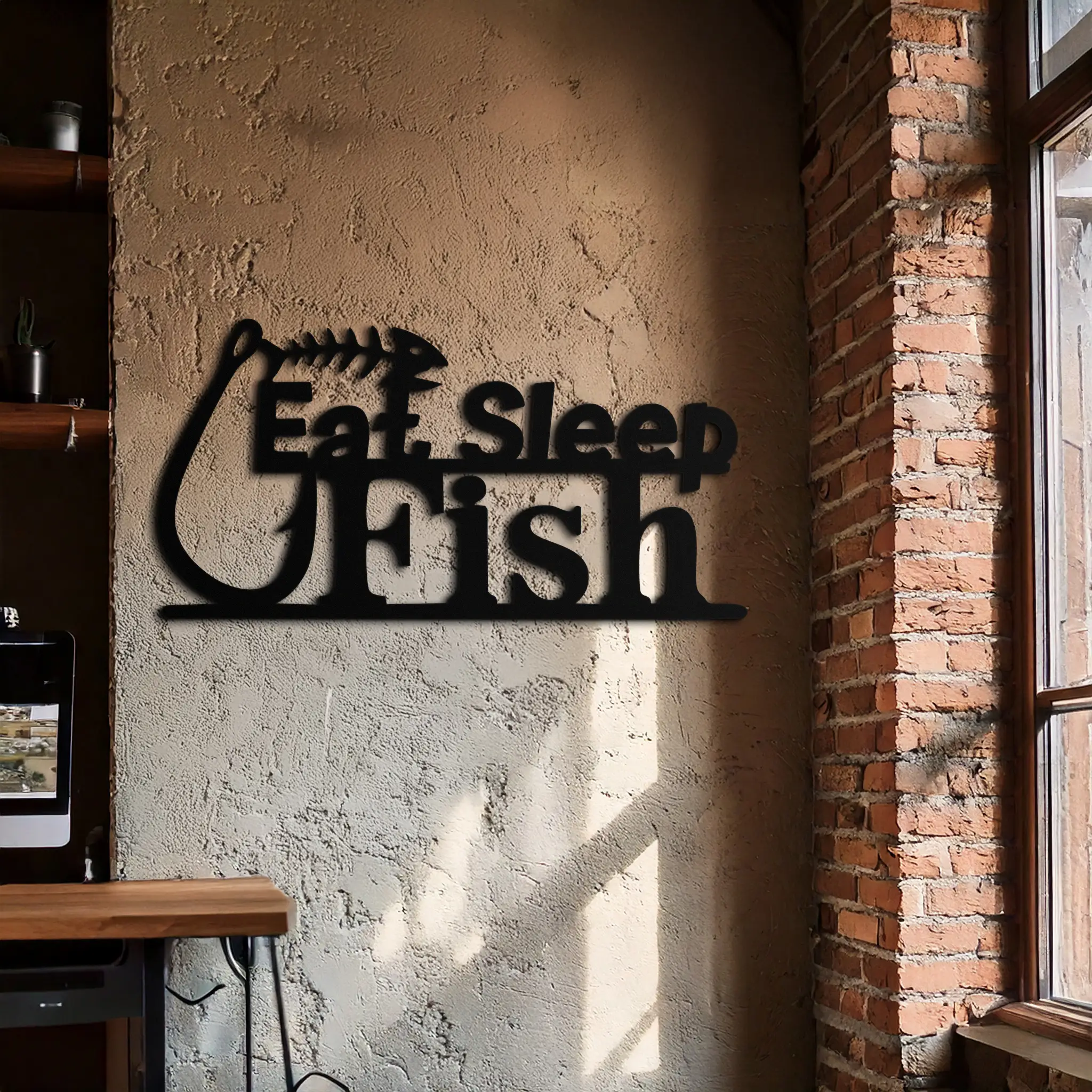 "Eat, Sleep, Fish" Metal Wall Art – Fishing Enthusiast Design with Hook and Phrase- KAF670 by Enova Art