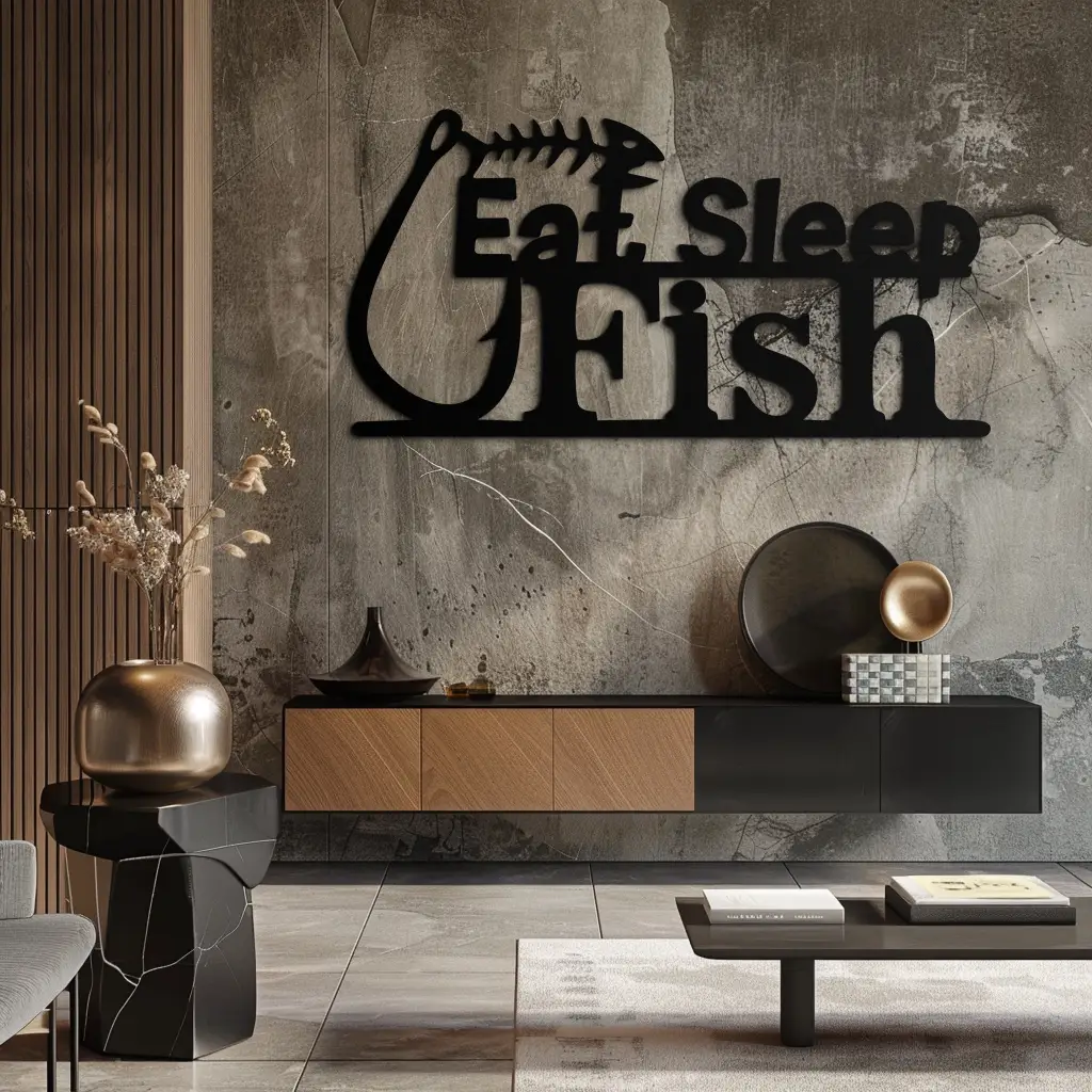 "Eat, Sleep, Fish" Metal Wall Art – Fishing Enthusiast Design with Hook and Phrase- KAF670 by Enova Art