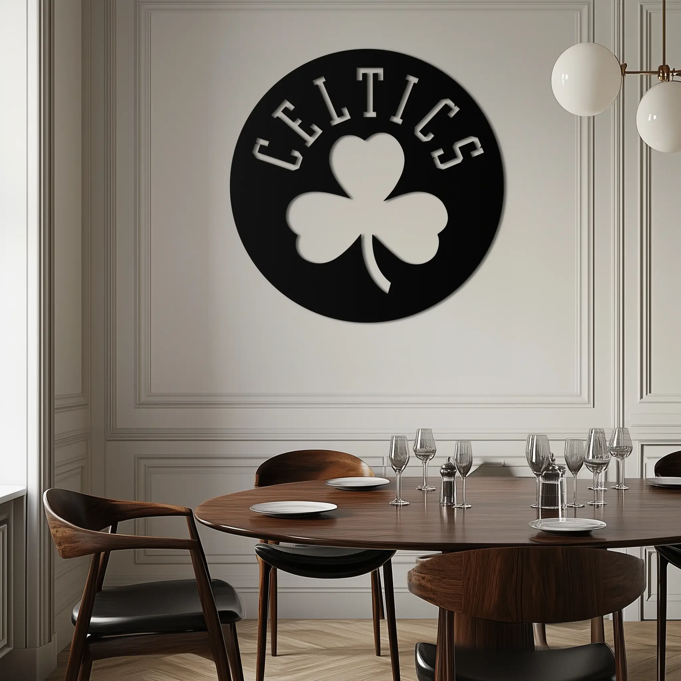 Celtics Shamrock Emblem Metal Wall Art – Bold Round Sports Decor for Fans- KAF671 by Enova Art