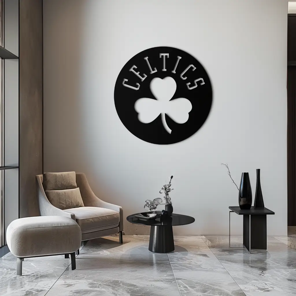 Celtics Shamrock Emblem Metal Wall Art – Bold Round Sports Decor for Fans- KAF671 by Enova Art