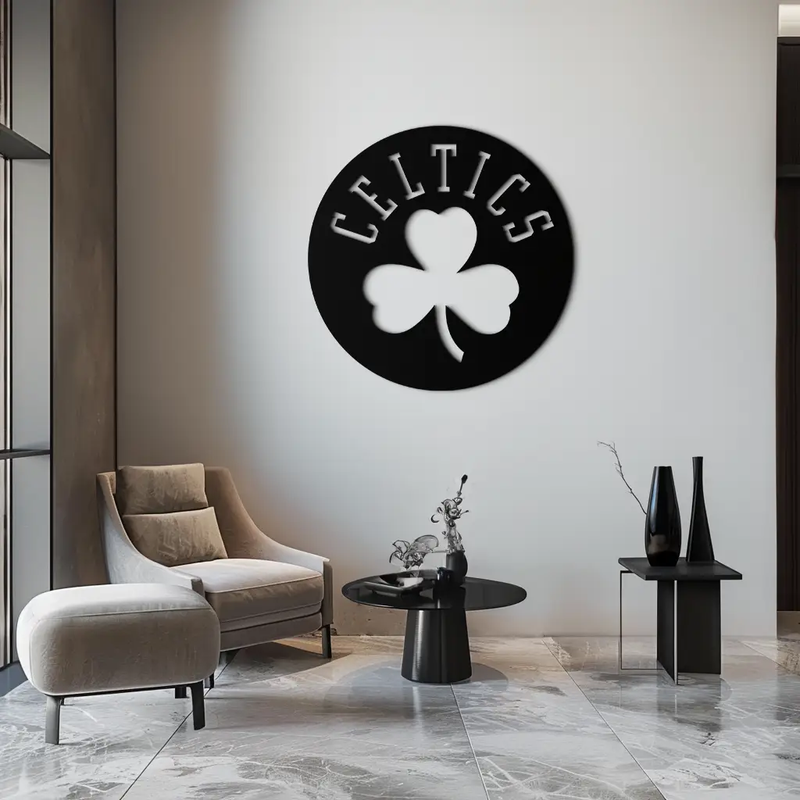 Celtics Shamrock Emblem Metal Wall Art – Bold Round Sports Decor for Fans- KAF671 by Enova Art