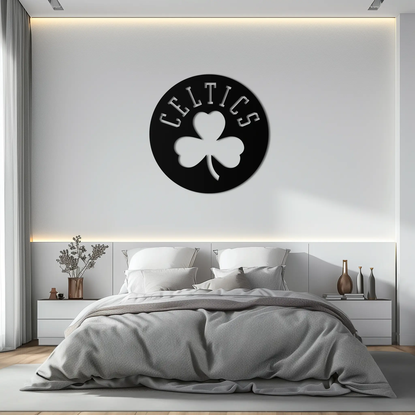 Celtics Shamrock Emblem Metal Wall Art – Bold Round Sports Decor for Fans- KAF671 by Enova Art