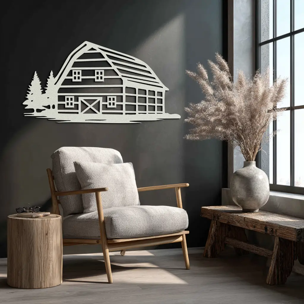 Rustic Barn and Pine Trees Metal Wall Art – Country House Landscape Silhouette Decor- KAF681 by Enova Art