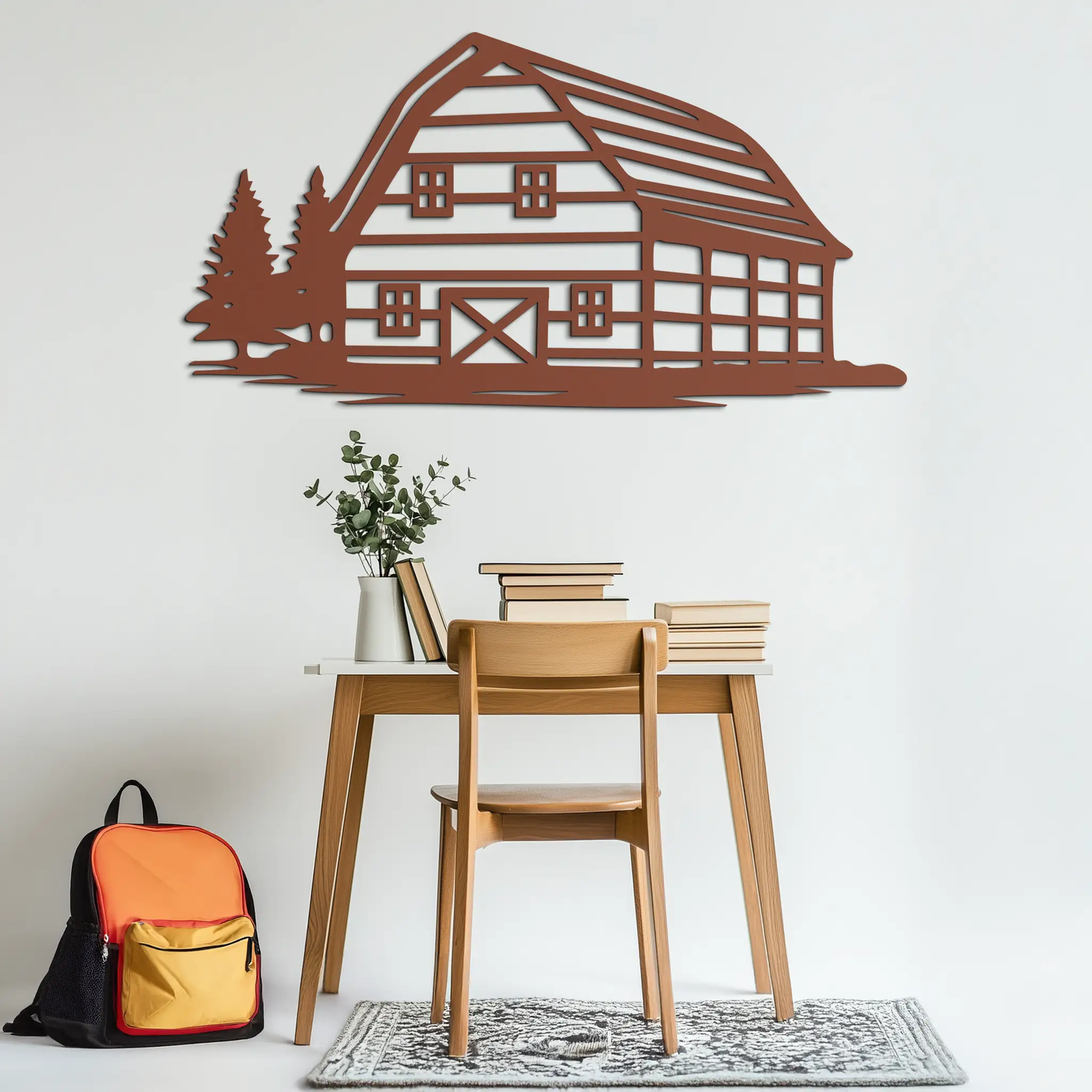Rustic Barn and Pine Trees Metal Wall Art – Country House Landscape Silhouette Decor- KAF681 by Enova Art