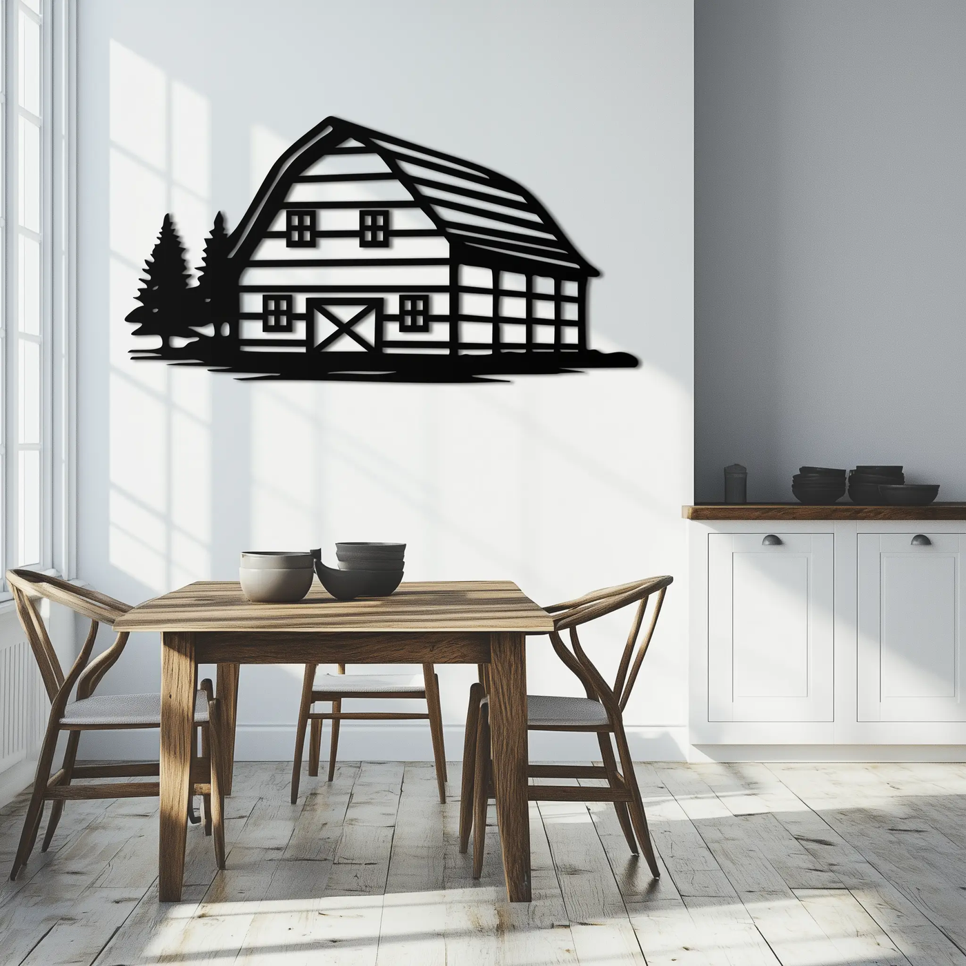 Rustic Barn and Pine Trees Metal Wall Art – Country House Landscape Silhouette Decor- KAF681 by Enova Art