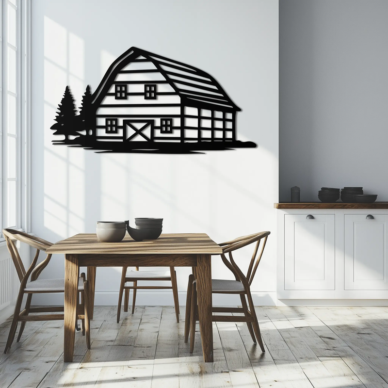 Rustic Barn and Pine Trees Metal Wall Art – Country House Landscape Silhouette Decor- KAF681 by Enova Art