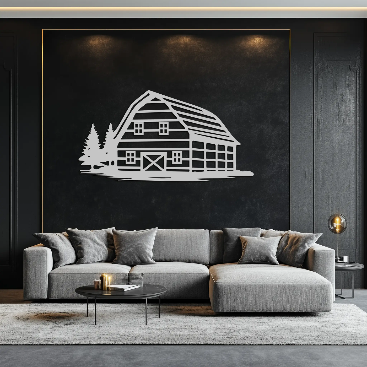 Rustic Barn and Pine Trees Metal Wall Art – Country House Landscape Silhouette Decor- KAF681 by Enova Art