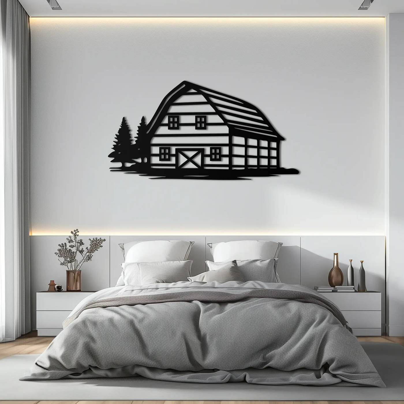 Rustic Barn and Pine Trees Metal Wall Art – Country House Landscape Silhouette Decor- KAF681 by Enova Art