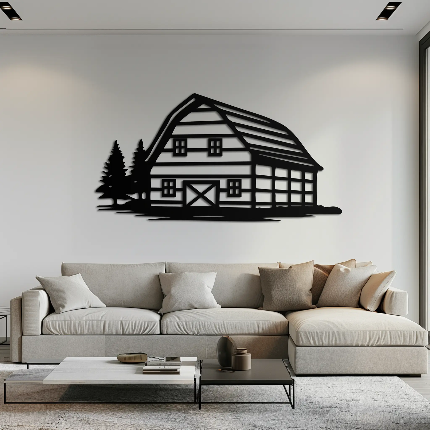 Rustic Barn and Pine Trees Metal Wall Art – Country House Landscape Silhouette Decor- KAF681 by Enova Art