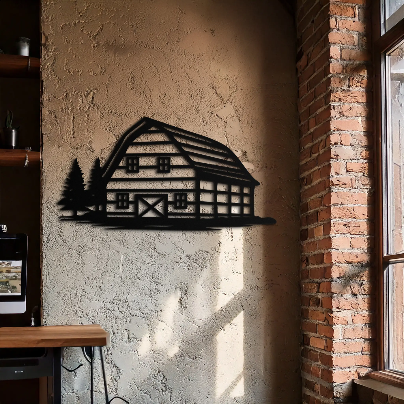 Rustic Barn and Pine Trees Metal Wall Art – Country House Landscape Silhouette Decor- KAF681 by Enova Art