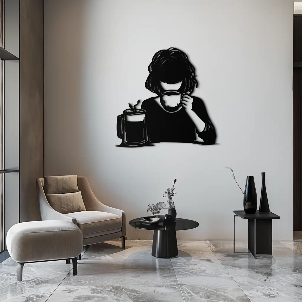 Coffee Girl Silhouette Metal Wall Art – Cozy Black Modern Home Decor for Coffee - KAF683 by Enova Art