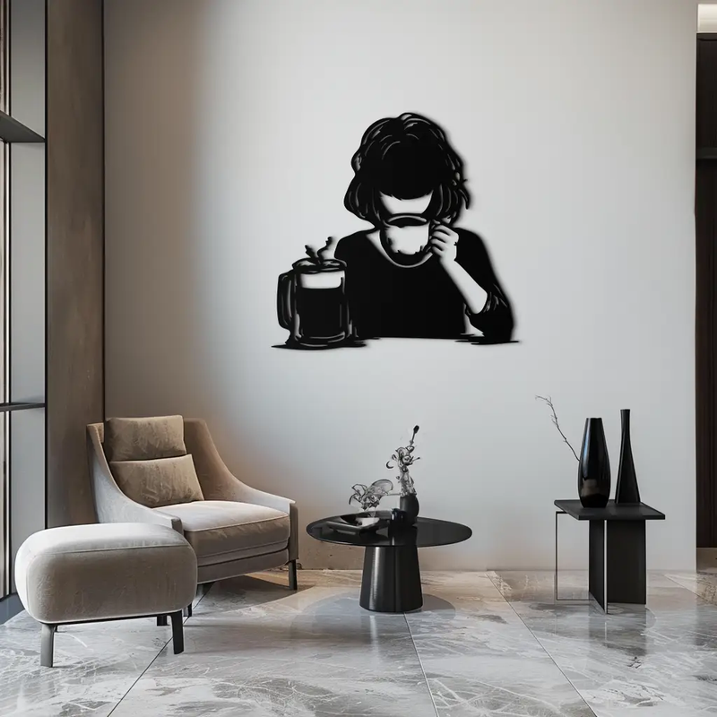 Coffee Girl Silhouette Metal Wall Art – Cozy Black Modern Home Decor for Coffee - KAF683 by Enova Art