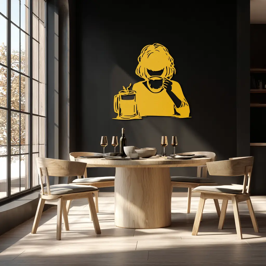 Coffee Girl Silhouette Metal Wall Art – Cozy Black Modern Home Decor for Coffee - KAF683 by Enova Art