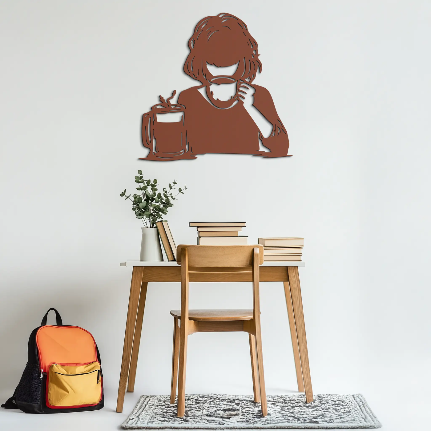 Coffee Girl Silhouette Metal Wall Art – Cozy Black Modern Home Decor for Coffee - KAF683 by Enova Art