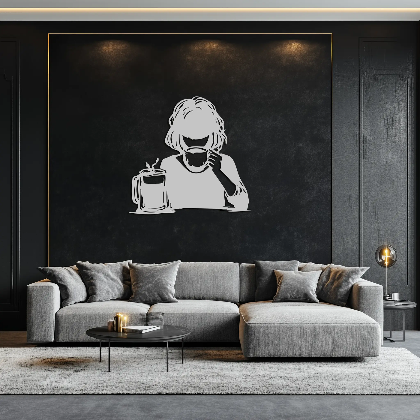 Coffee Girl Silhouette Metal Wall Art – Cozy Black Modern Home Decor for Coffee - KAF683 by Enova Art