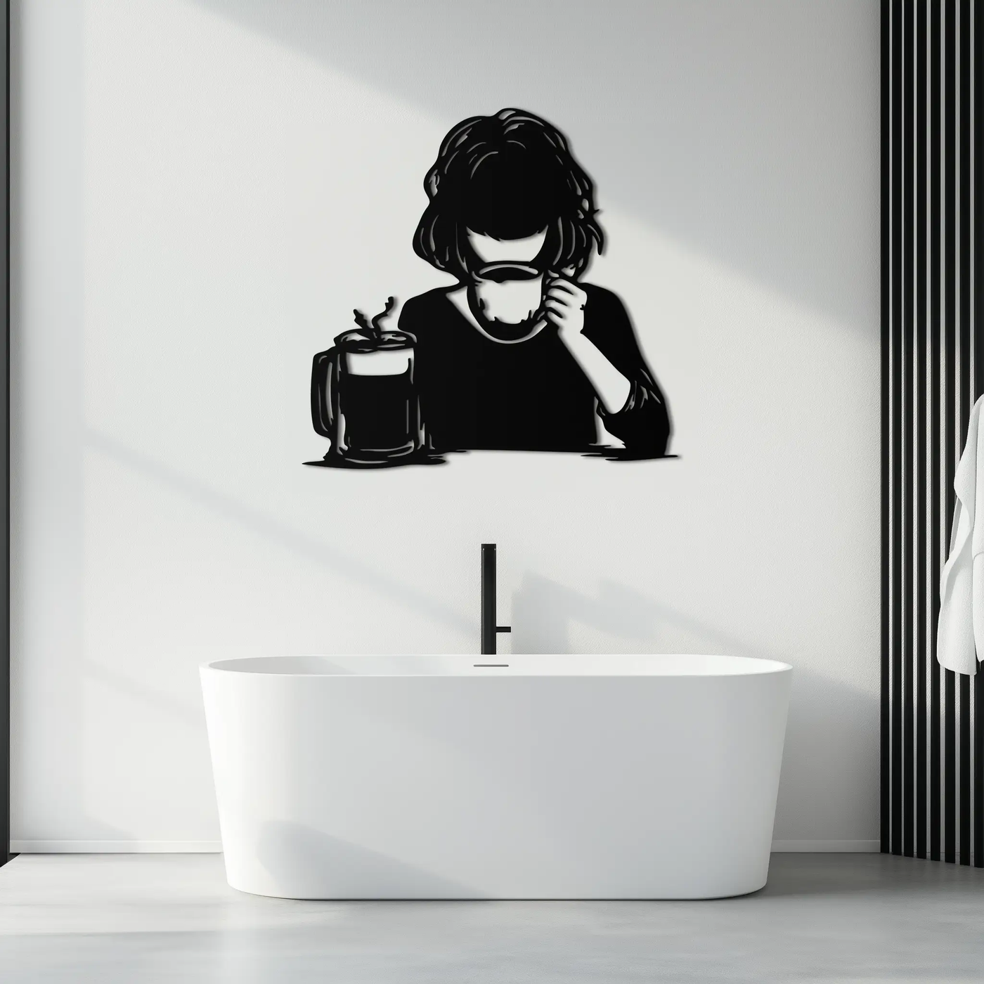 Coffee Girl Silhouette Metal Wall Art – Cozy Black Modern Home Decor for Coffee - KAF683 by Enova Art