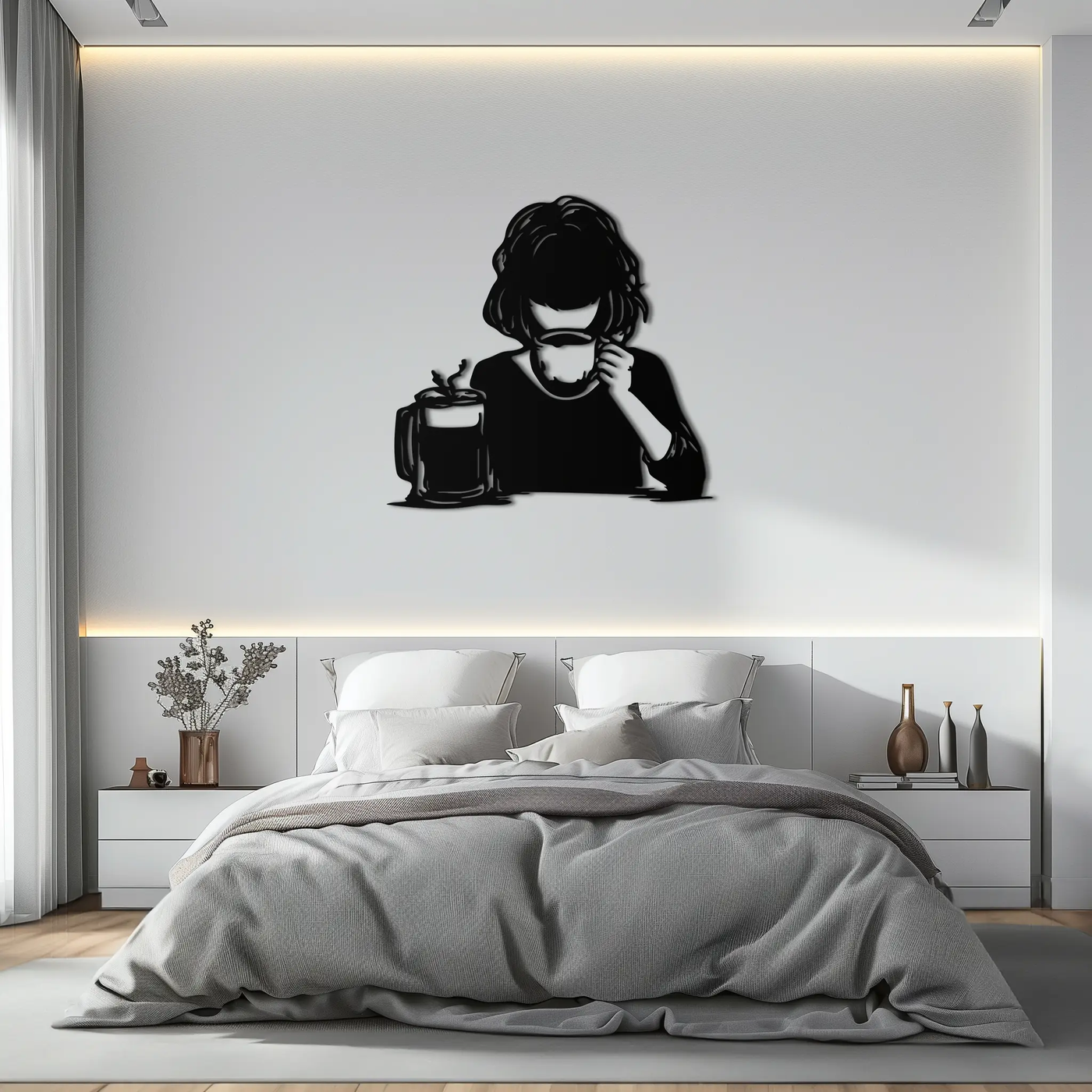 Coffee Girl Silhouette Metal Wall Art – Cozy Black Modern Home Decor for Coffee - KAF683 by Enova Art