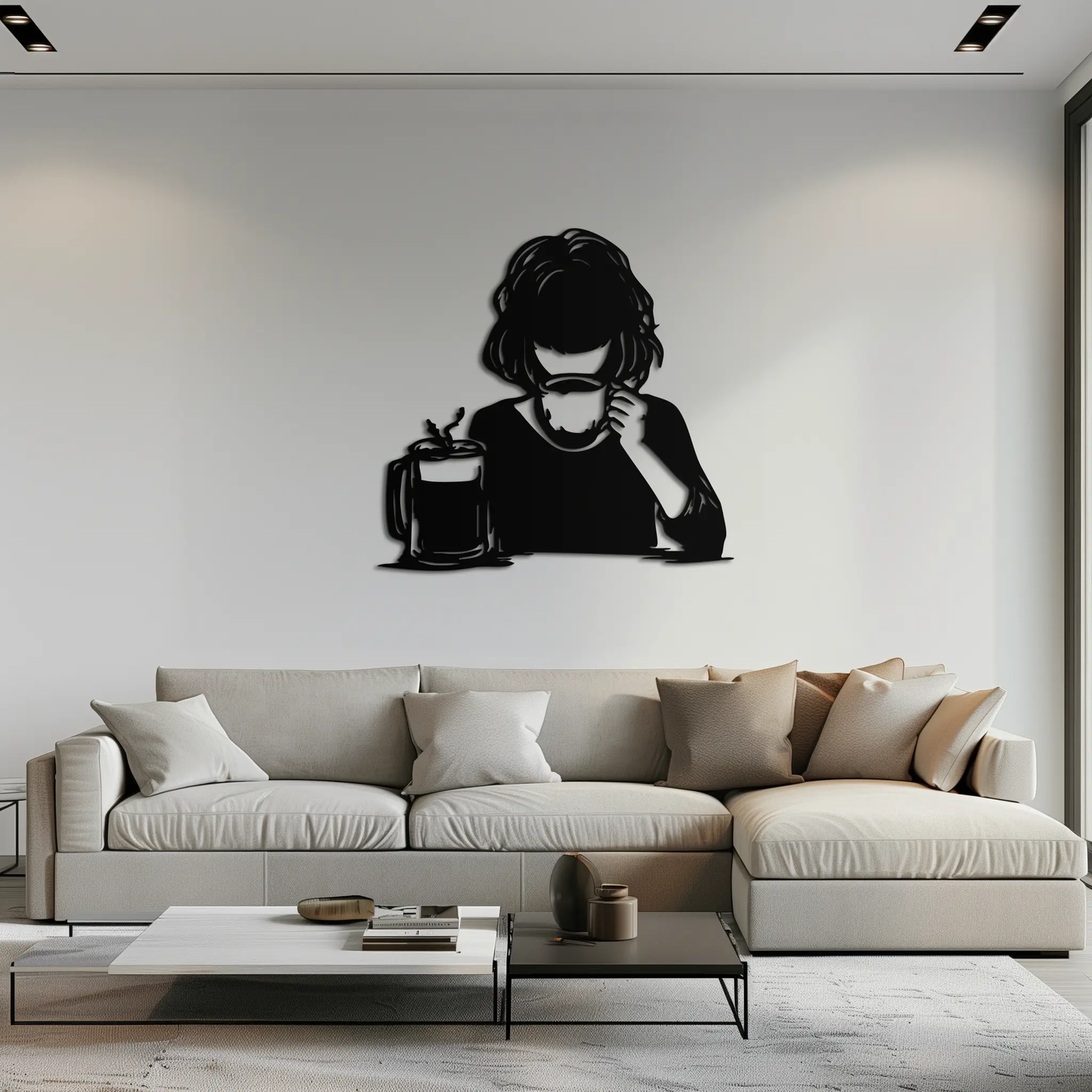 Coffee Girl Silhouette Metal Wall Art – Cozy Black Modern Home Decor for Coffee - KAF683 by Enova Art