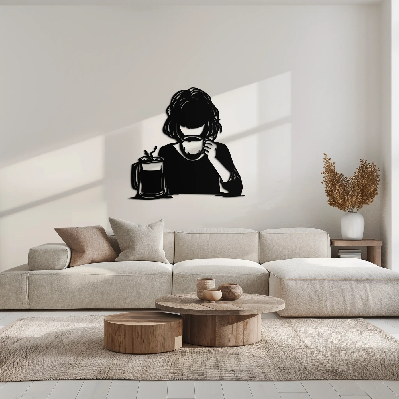 Coffee Girl Silhouette Metal Wall Art – Cozy Black Modern Home Decor for Coffee - KAF683 by Enova Art