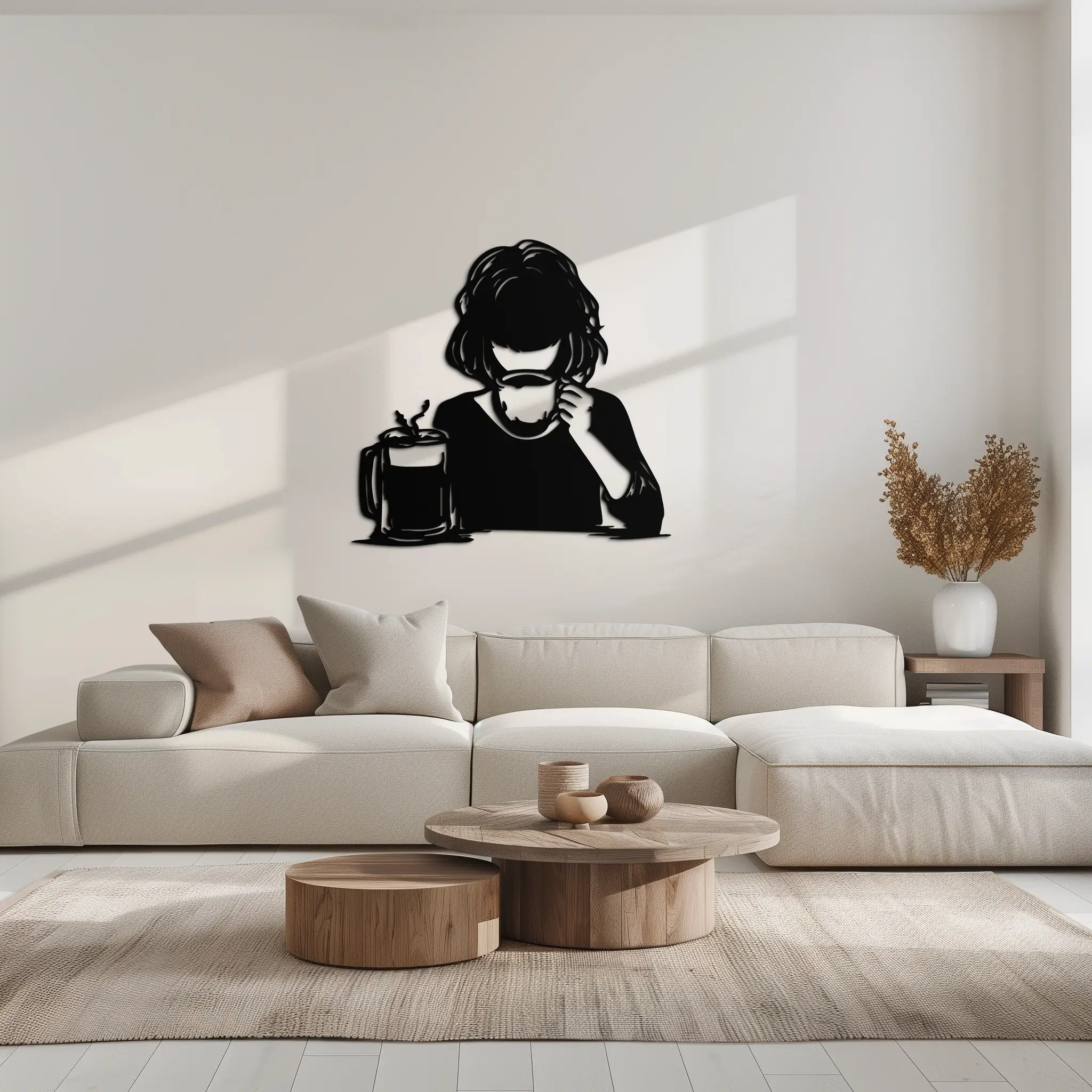 Coffee Girl Silhouette Metal Wall Art – Cozy Black Modern Home Decor for Coffee - KAF683 by Enova Art
