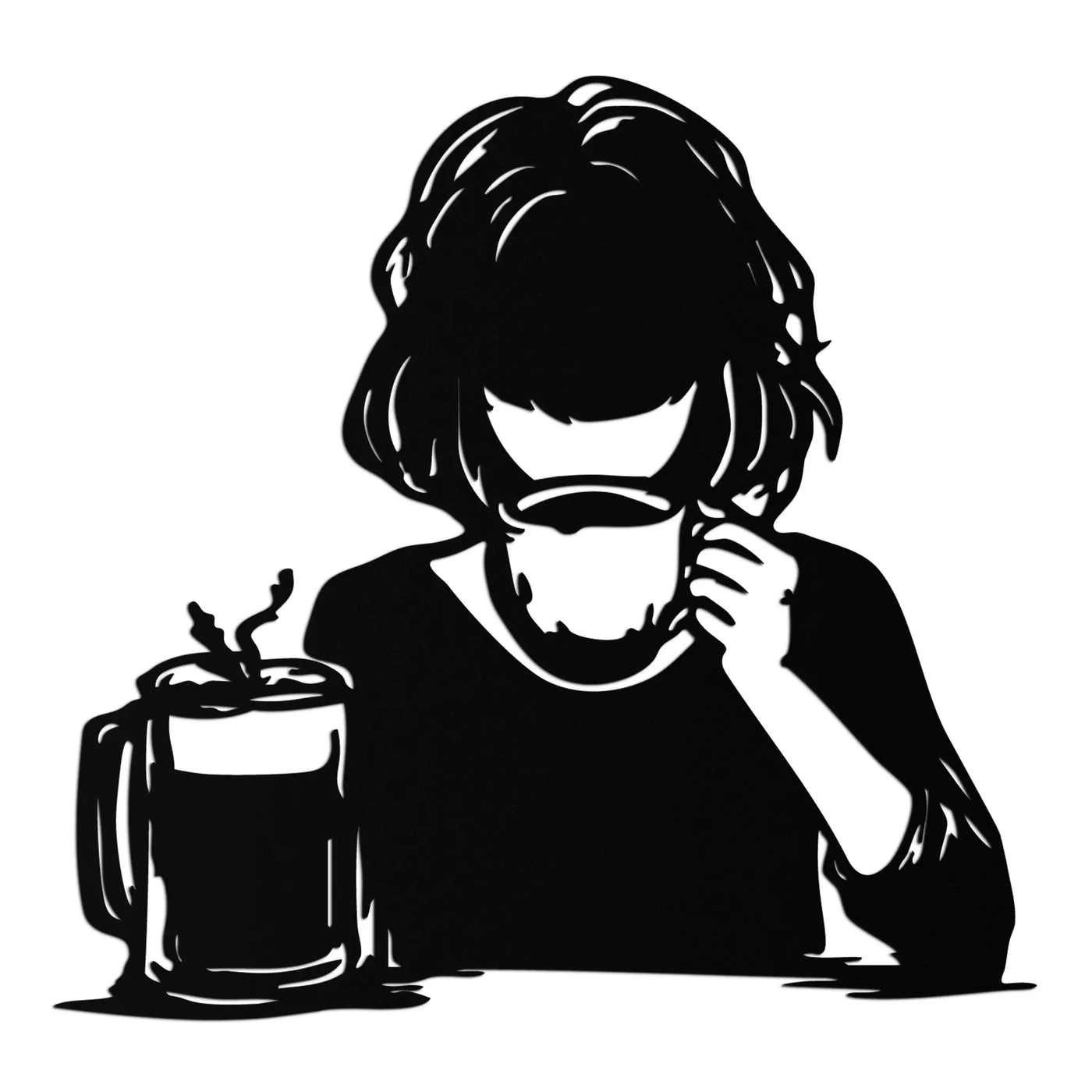 Coffee Girl Silhouette Metal Wall Art – Cozy Black Modern Home Decor for Coffee - KAF683 by Enova Art