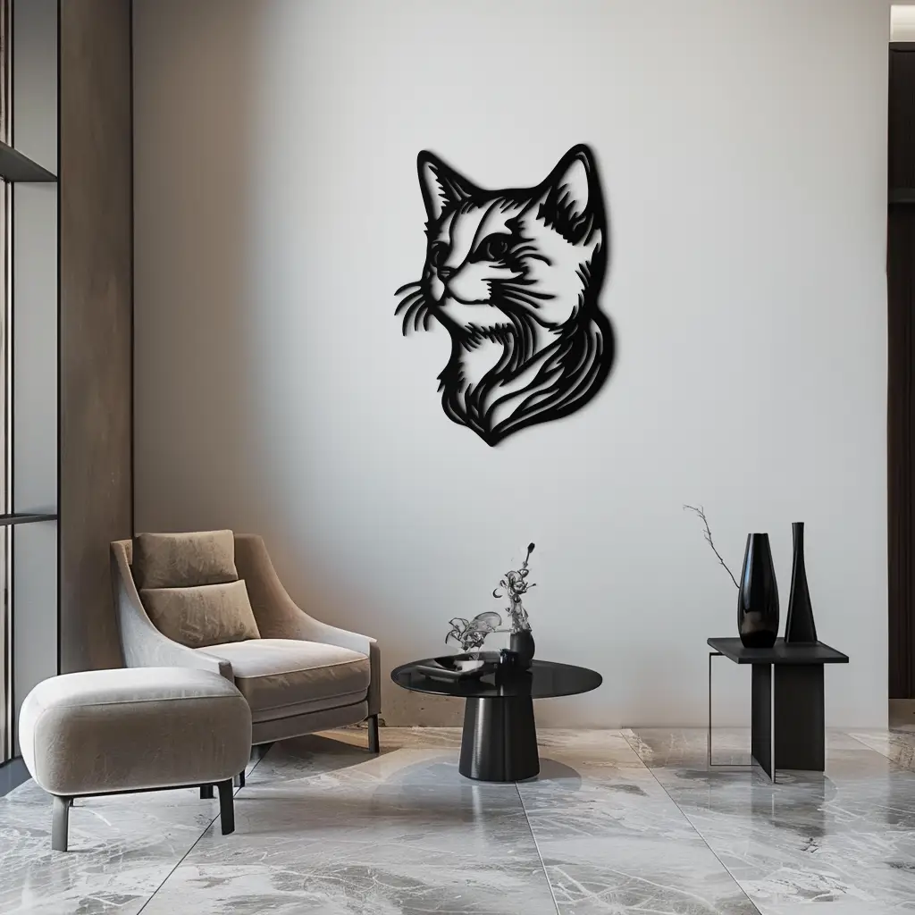 Graceful Cat Head Silhouette Metal Wall Art – Feline-Inspired Decorative Piece- KAF684 by Enova Art