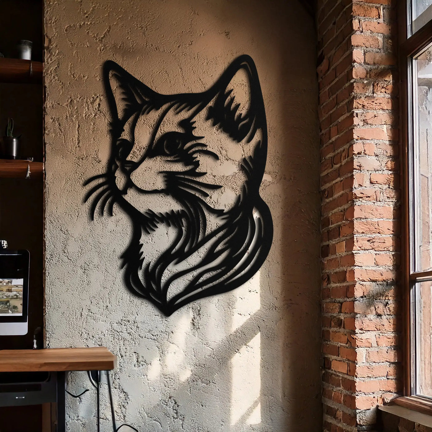 Graceful Cat Head Silhouette Metal Wall Art – Feline-Inspired Decorative Piece- KAF684 by Enova Art