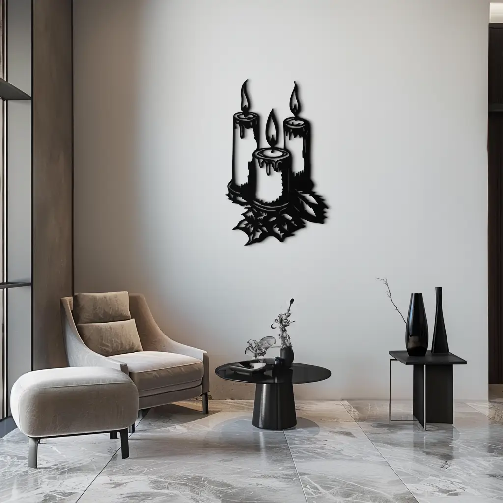 Three Candle Silhouette Metal Wall Art – Elegant Festive Decor for Cozy Interiors- KAF687 by Enova Art